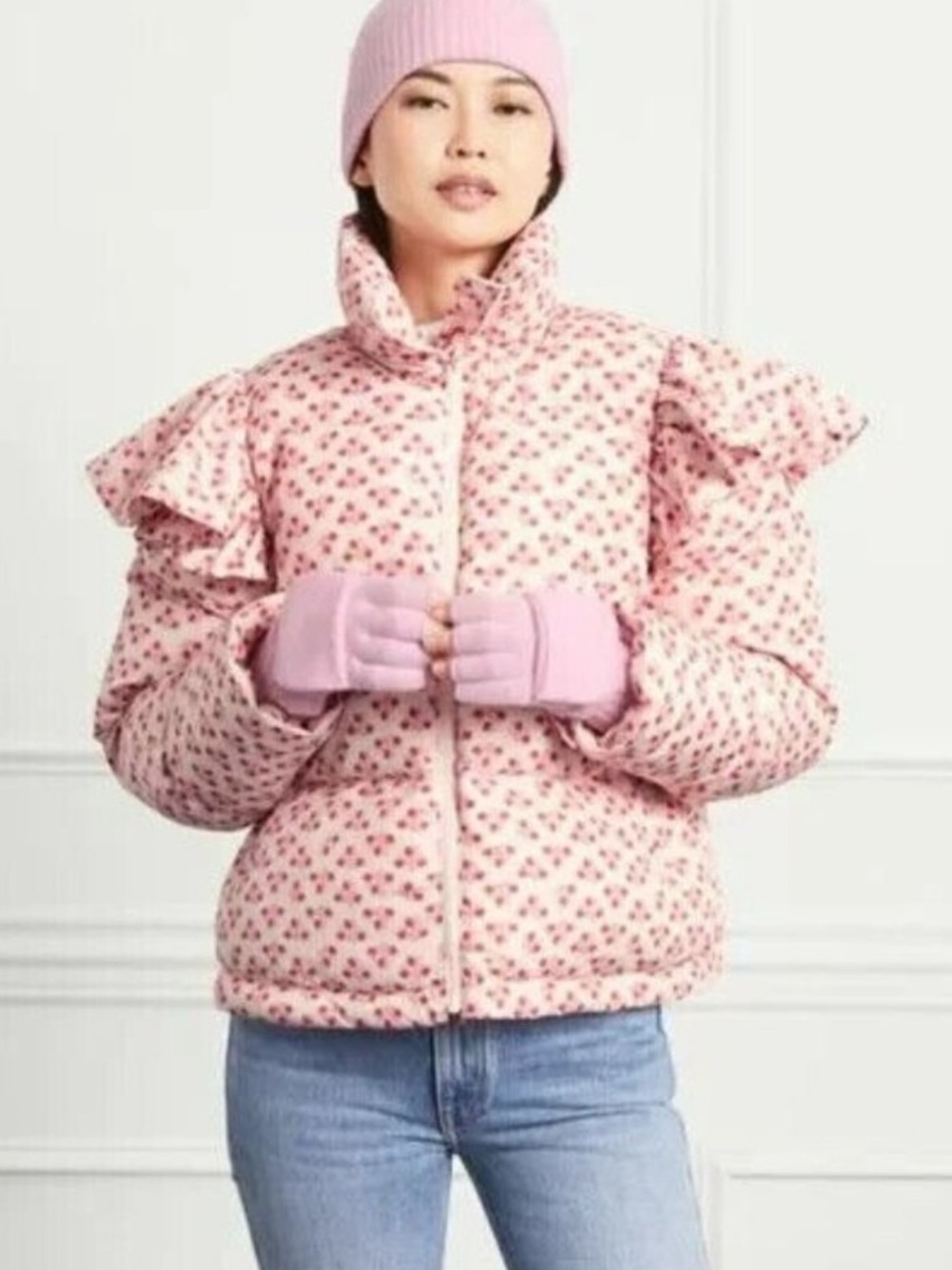 Hill House  the violet ruffle sleeve Pink Floral puffer Jacket